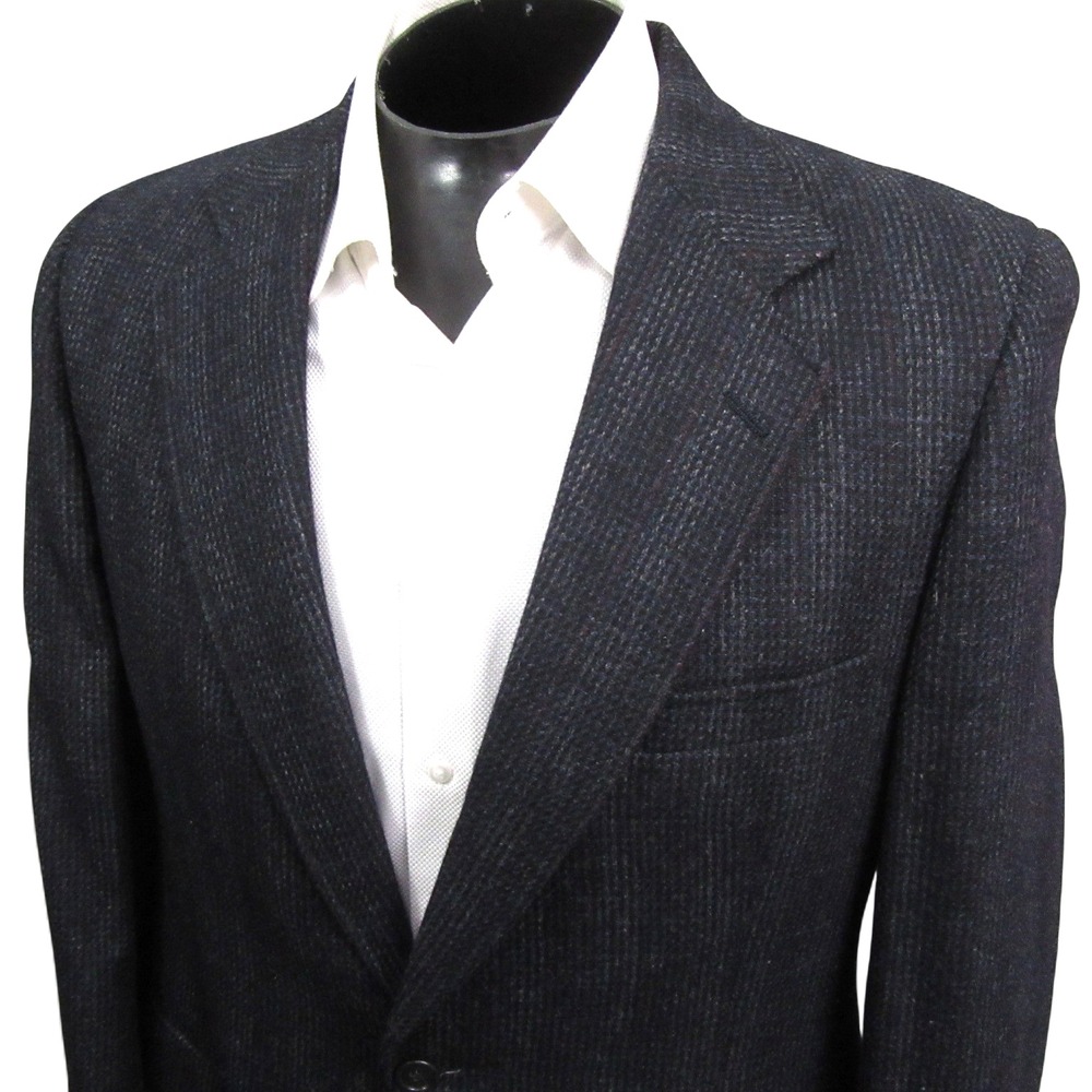 Racquet‎ Club Vintage Tweed Sport Coat 40R Navy Blue Plaid Single Vent Wool